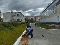 Сотрудники спортивной школы продолжают наводить порядок на пришкольной территории